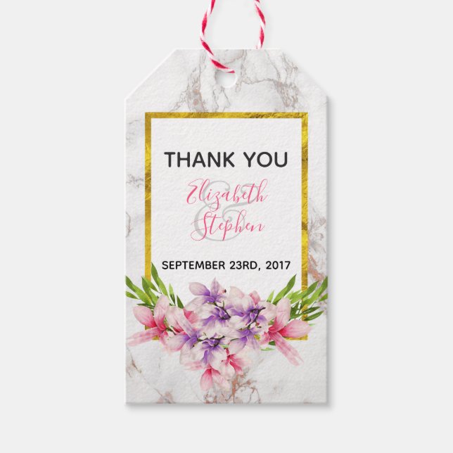 Étiquettes-cadeau Aquarelle Magnolias, Faux Marble Texture Mariage (Devant)