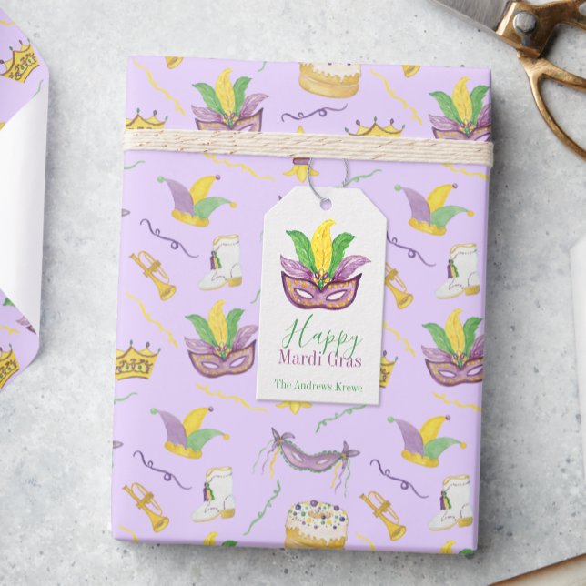 Étiquettes-cadeau Aquarelle Mardi Gras Masques King Cake Crown (Créateur téléchargé)