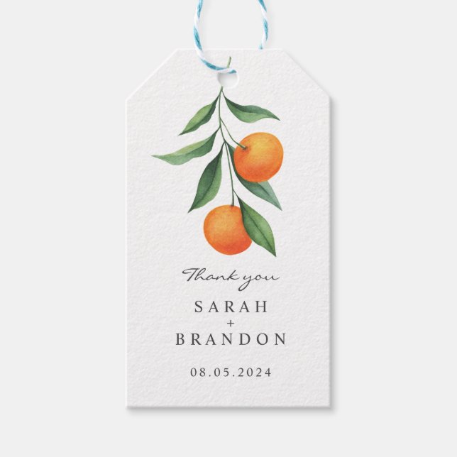 Étiquettes-cadeau Aquarelle Mariage d'été d'agrumes orange (Devant)