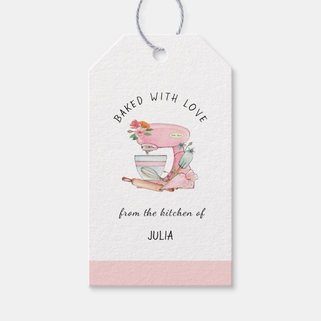 Étiquettes-cadeau Aquarelle Mélangeur rose "cuit avec amour" (Devant)