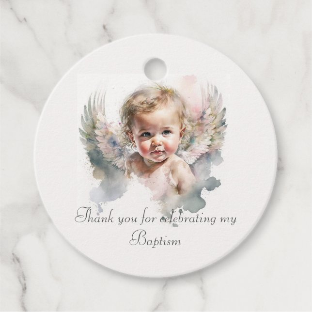 Étiquettes Cadeau Aquarelle mignonne Angel Baby Baptême (Devant)