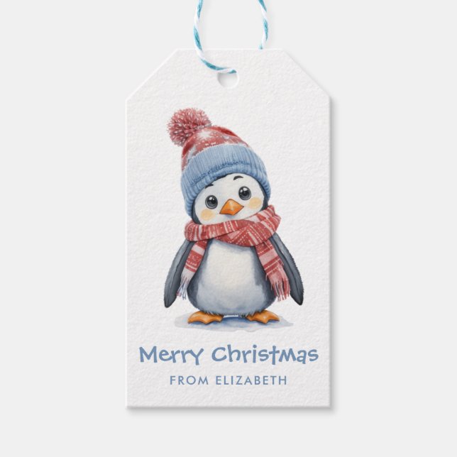 Étiquettes-cadeau Aquarelle mignonne Bébé Pingouin Noël (Devant)