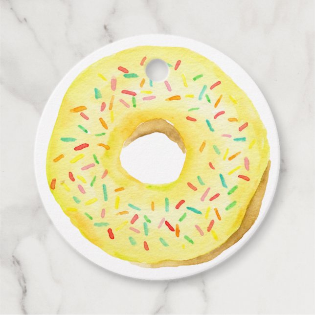 Étiquettes Cadeau Aquarelle mignonne Jaune Saupoudrer Donut Annivers (Devant)