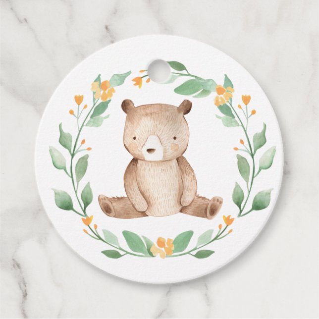 Étiquettes Cadeau Aquarelle mignonne Ours Bébé Merci bois (Devant)