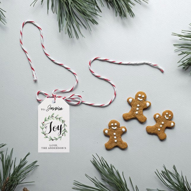 Étiquettes-cadeau Aquarelle moderne Holly Wreath Joie Noël (Créateur téléchargé)
