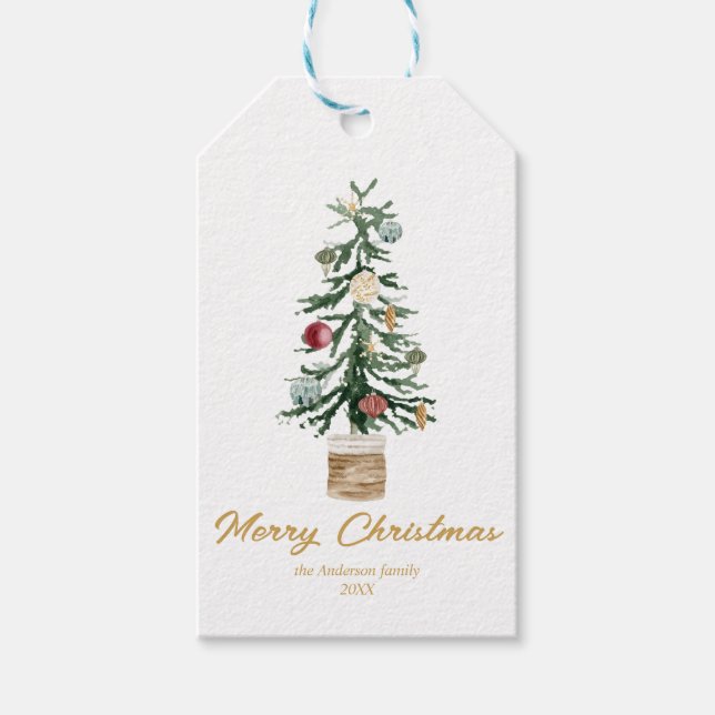 Étiquettes-cadeau Aquarelle moderne Or Ornements Arbre Noël (Devant)