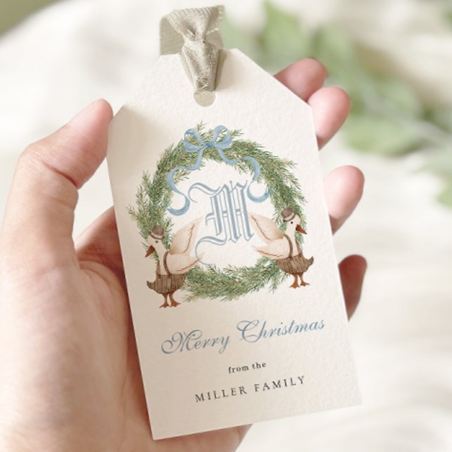 Étiquettes-cadeau Aquarelle Monogram Crest Ornat Wreath Noël (Créateur téléchargé)