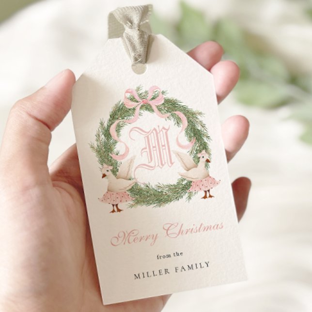 Étiquettes-cadeau Aquarelle Monogram Crest Ornat Wreath Noël (Créateur téléchargé)