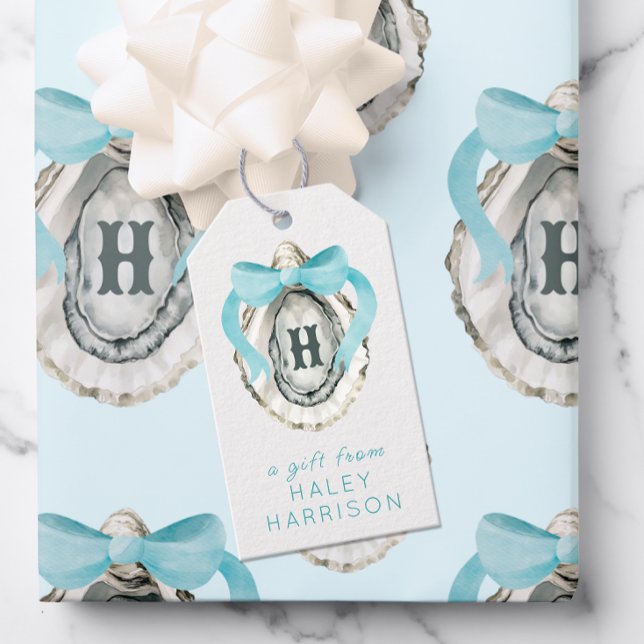 Étiquettes-cadeau Aquarelle Monogramme Côte Bleu Bow Huître (Créateur téléchargé)