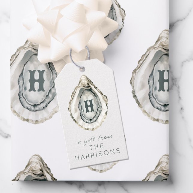 Étiquettes-cadeau Aquarelle Monogramme Huître côtière (Créateur téléchargé)