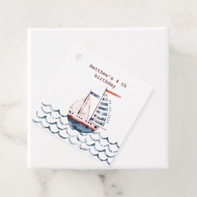 Étiquettes Cadeau Aquarelle Nautique Rouge et Bleu Enfant's Annivers (En situation)