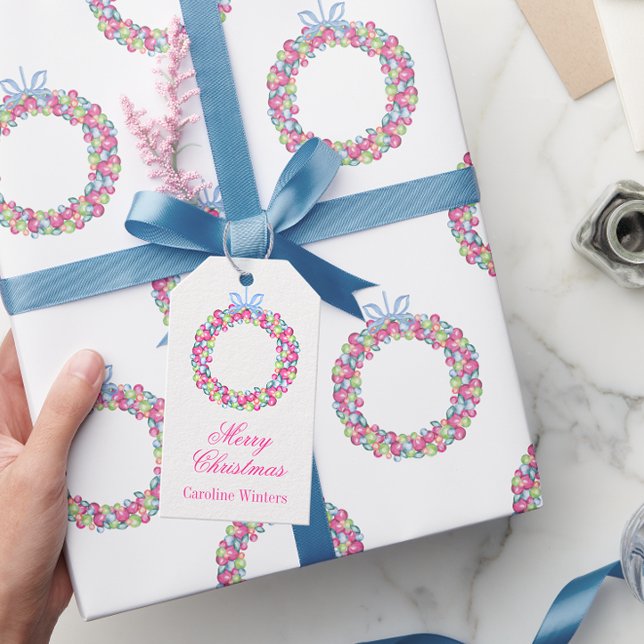Étiquettes-cadeau Aquarelle Noël Baubles colorés Wreath (Créateur téléchargé)