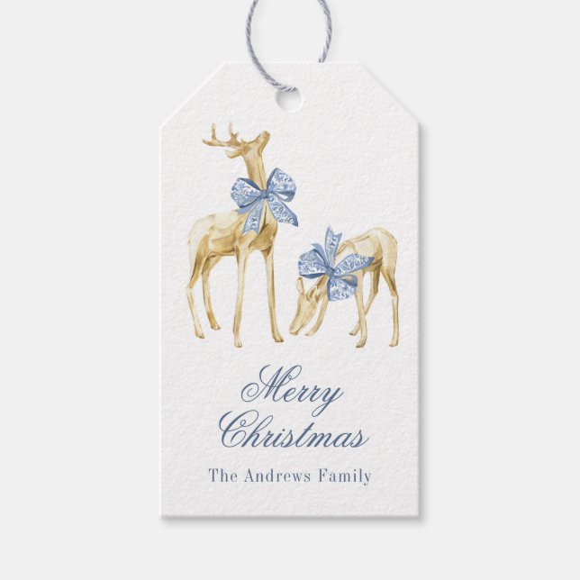 Étiquettes-cadeau Aquarelle Noël Bleu Bow Chinoiserie Reindee (Devant)