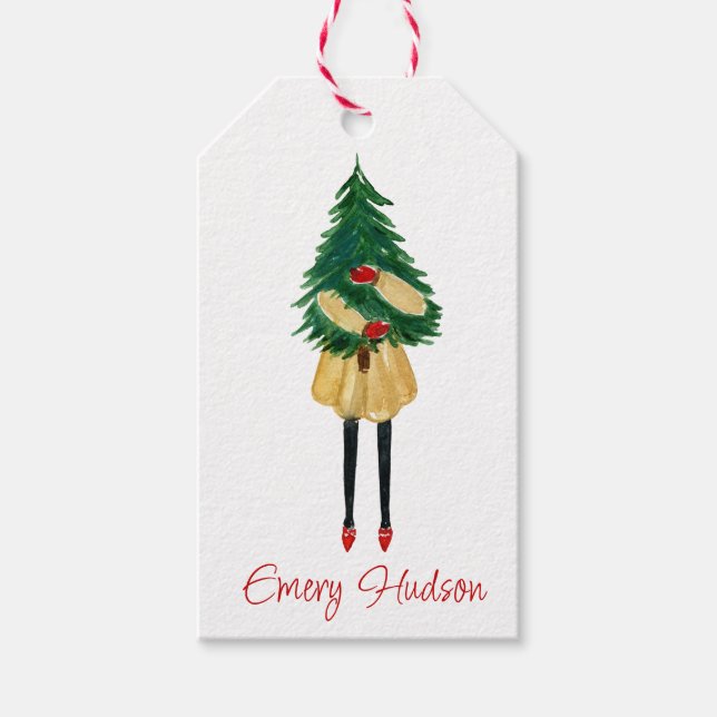 Étiquettes-cadeau Aquarelle Noël Fashion Girl avec arbre (Devant)