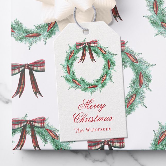 Étiquettes-cadeau Aquarelle Noël Plaid Bow Wreath (Créateur téléchargé)