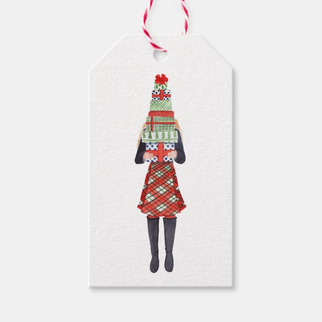 Étiquettes-cadeau Aquarelle Noël Shopping Mode Fille (Devant)