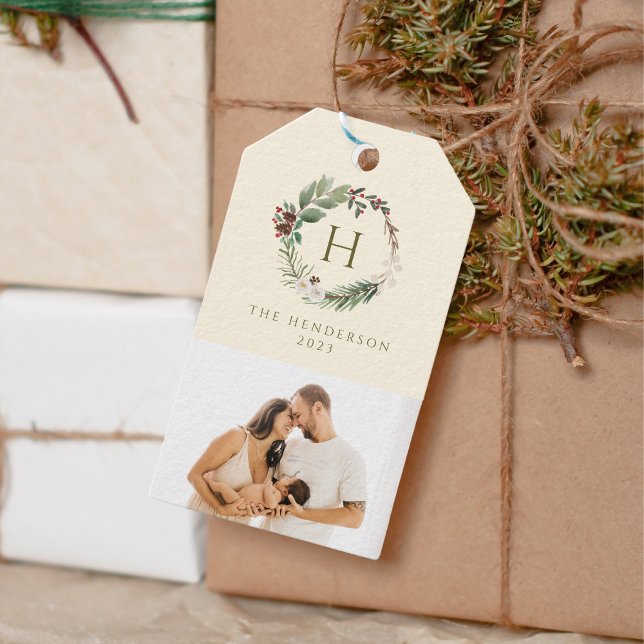 Étiquettes-cadeau Aquarelle Noël Werath Famille Monogramme Photo (Créateur téléchargé)