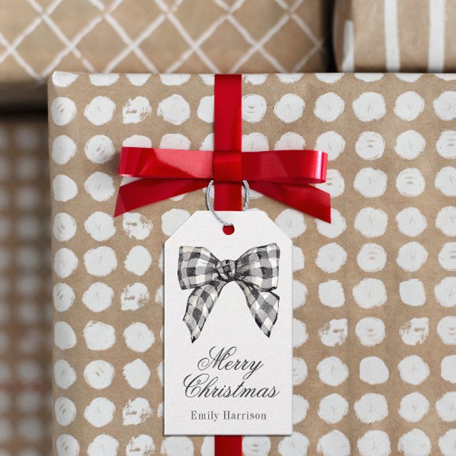 Étiquettes-cadeau Aquarelle noir et blanc Buffalo Plaid Bow (Créateur téléchargé)