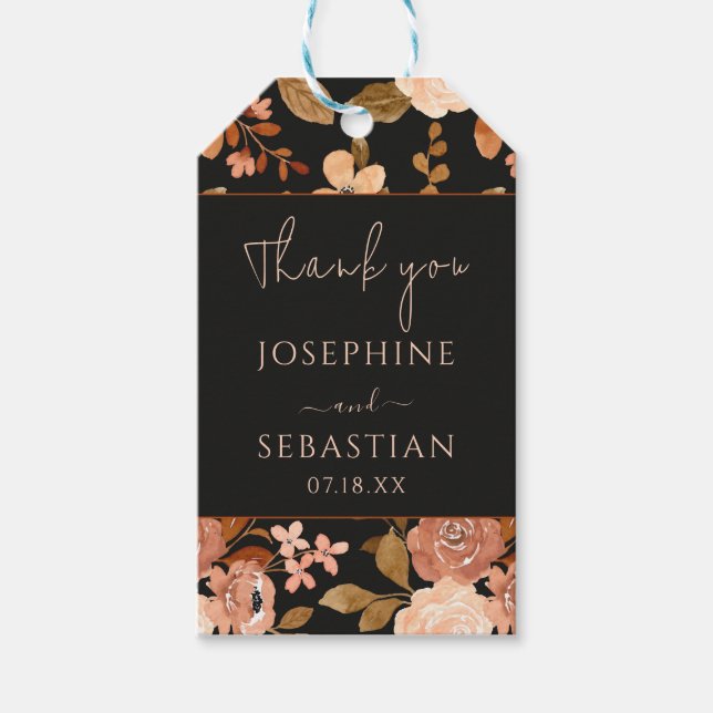 Étiquettes-cadeau Aquarelle Noir Terracotta Mariage de automne Flora (Devant)