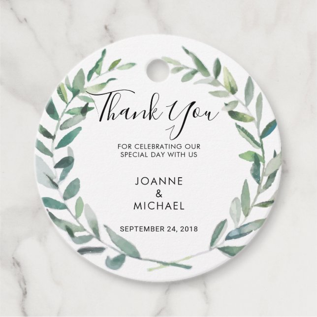 Étiquettes Cadeau Aquarelle olive feuille Mariage Merci (Devant)