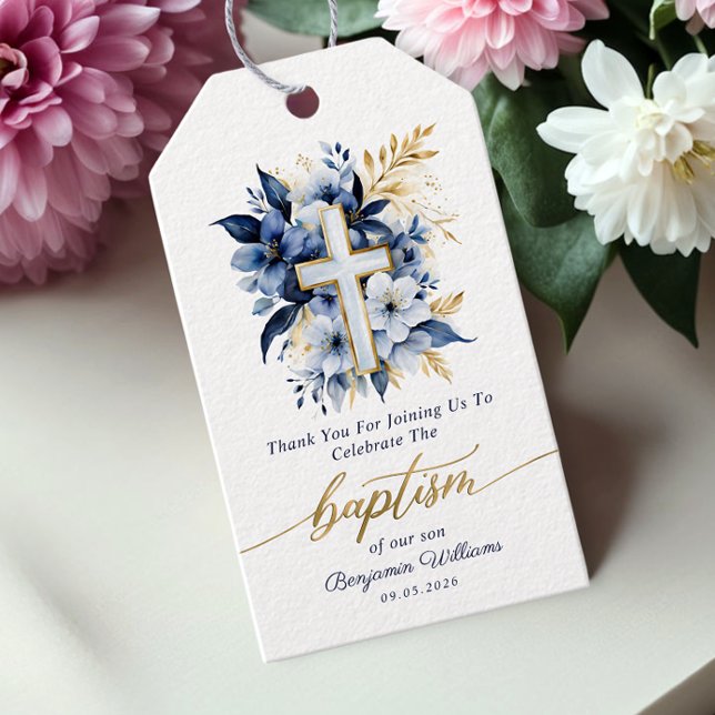Étiquettes-cadeau Aquarelle or et bleu Floral Boy Baptême (Créateur téléchargé)