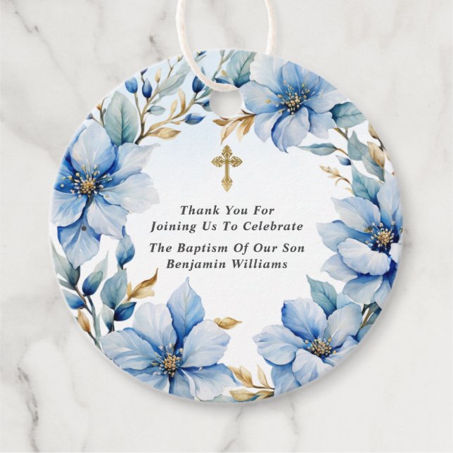 Étiquettes Cadeau Aquarelle or et bleu Merci de Baptême Floral (Devant)