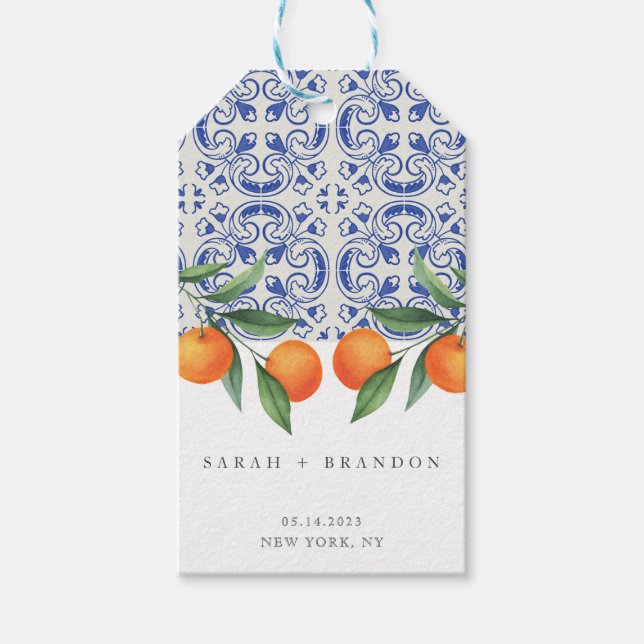 Étiquettes-cadeau Aquarelle Orange Bleu Mariage méditerranéen (Devant)