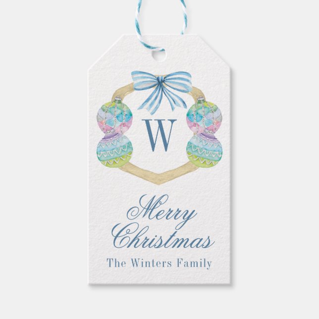 Étiquettes-cadeau Aquarelle ornement de Noël Monogramme crête (Devant)