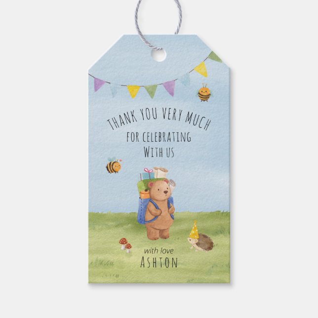 Étiquettes-cadeau Aquarelle ours en peluche, aventure merci (Devant)