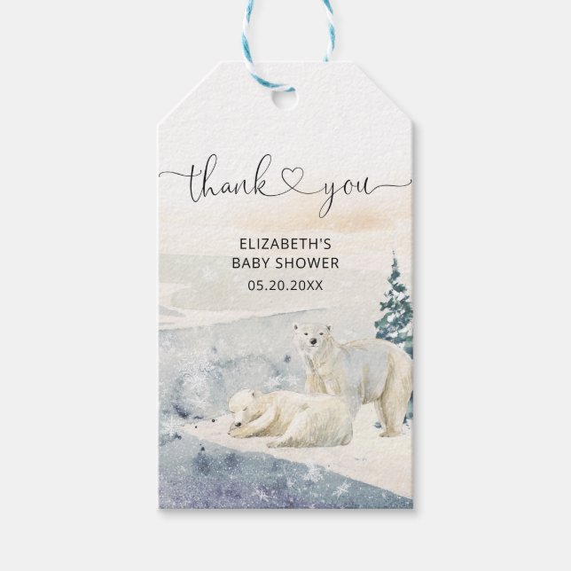 Étiquettes-cadeau Aquarelle Ours polaire Baby shower d'hiver Merci (Devant)