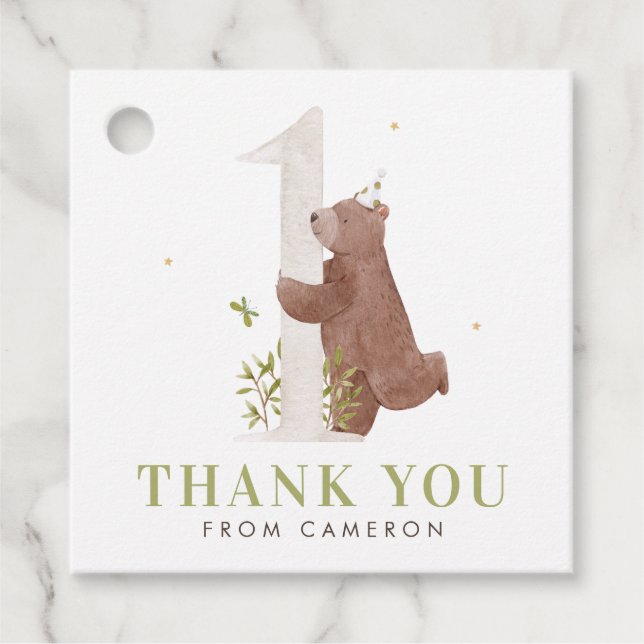 Étiquettes Cadeau Aquarelle Ours Woodland Premier Anniversaire Merci (Devant)