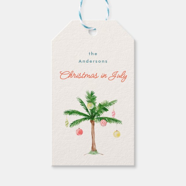 Étiquettes-cadeau Aquarelle Palm Arbre Ornements Noël en juillet (Devant)