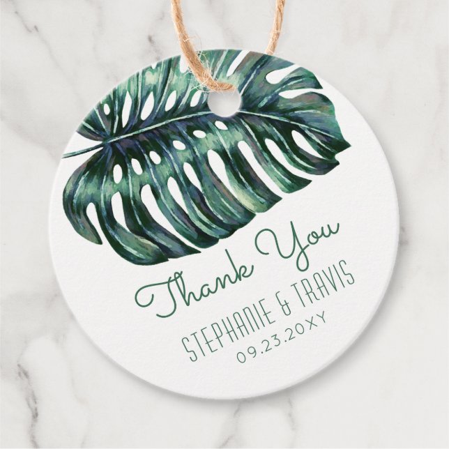 Étiquettes Cadeau Aquarelle Palm Monstera Feuille Merci tropical (Devant)
