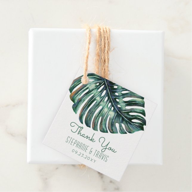 Étiquettes Cadeau Aquarelle Palm Monstera Merci tropical Carré (En situation)