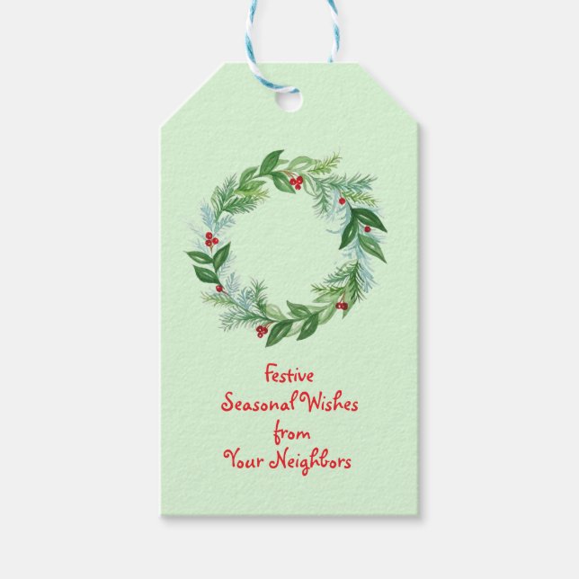 Étiquettes-cadeau Aquarelle peinte à la main Noël Vacances Wreath (Devant)
