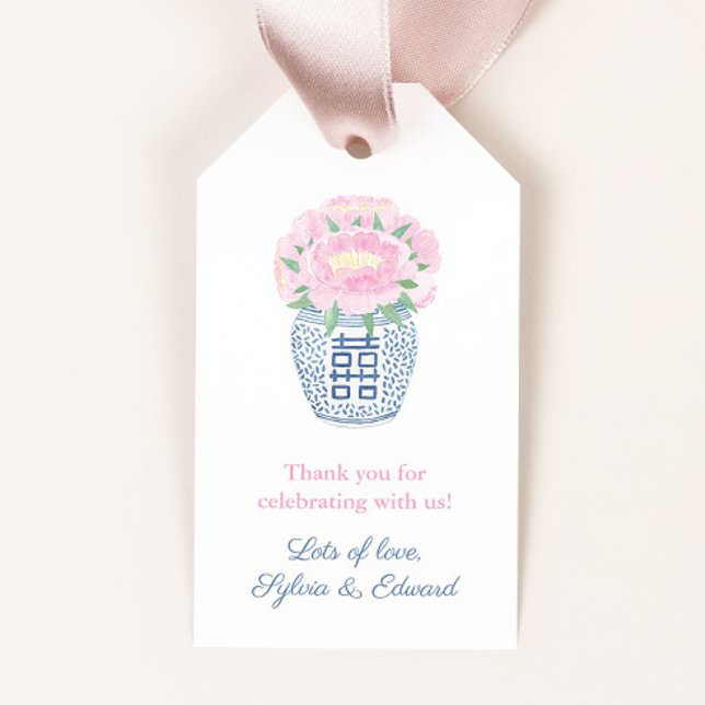 Étiquettes-cadeau Aquarelle Peonés Dans La Fête des mariées De Jar G (Hand painted watercolor pink peonies in a blue and white ginger jar vase baby shower favor tags)