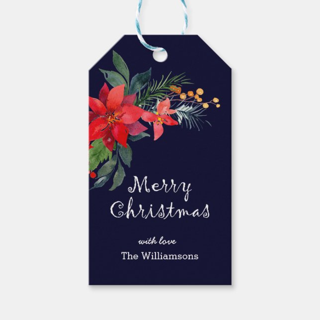 Étiquettes-cadeau Aquarelle personnalisée Joyeux Noël Poinsettia (Devant)