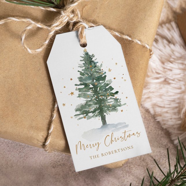 Étiquettes-cadeau Aquarelle personnalisée Pine Tree Noël (Créateur téléchargé)
