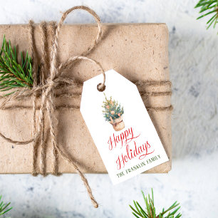 Étiquettes-cadeau Aquarelle personnalisée Script Happy Holiday Tree