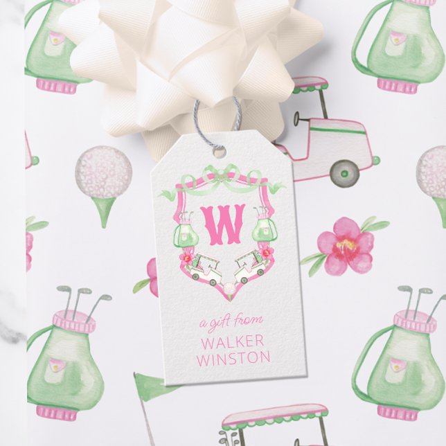 Étiquettes-cadeau Aquarelle Pink & Green Golf Panier Monogram Crest (Créateur téléchargé)