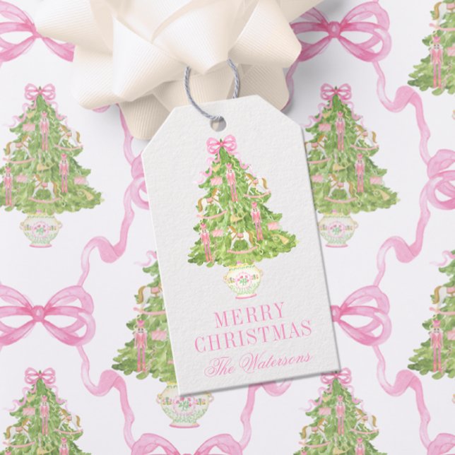 Étiquettes-cadeau Aquarelle Pink Nutcracker Tree Noël (Créateur téléchargé)