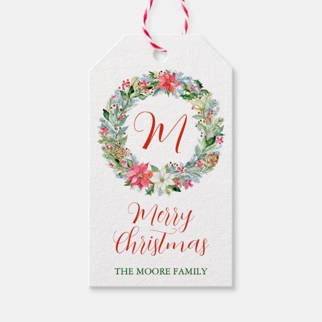 Étiquettes-cadeau Aquarelle Poinsettia monogramme de couronne de Noë (Devant)