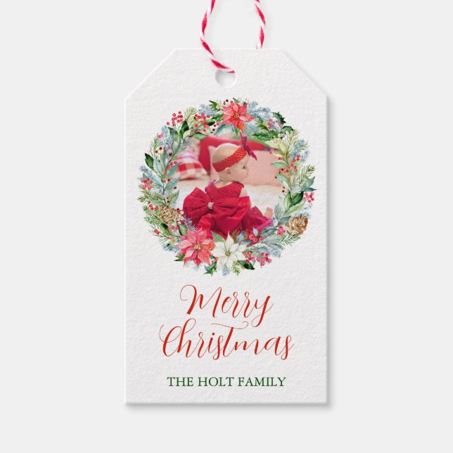 Étiquettes-cadeau Aquarelle Poinsettia photo de la couronne de Noël (Devant)