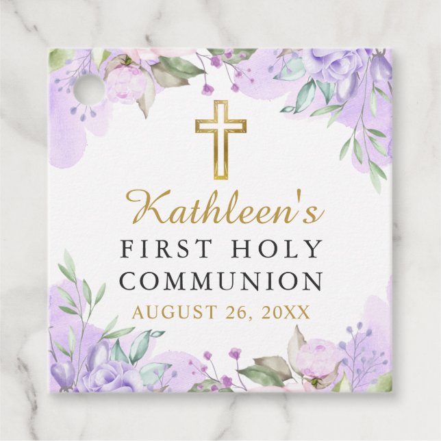 Étiquettes Cadeau Aquarelle Purple Floral Premier Merci Communion (Devant)