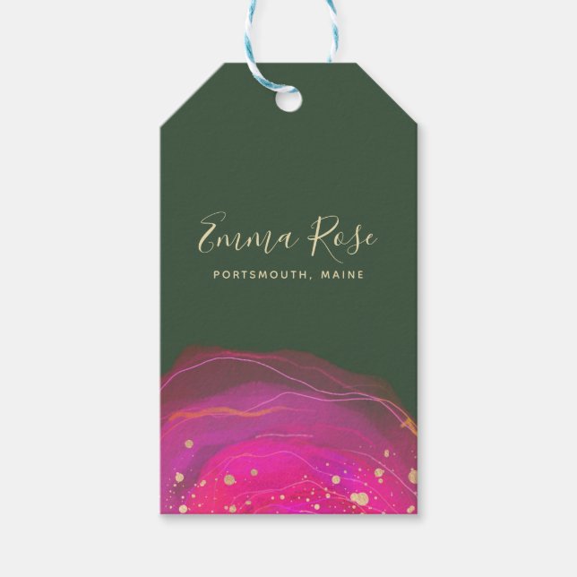Étiquettes-cadeau Aquarelle rose Abstrait Vert or Prix Plat Or (Devant)