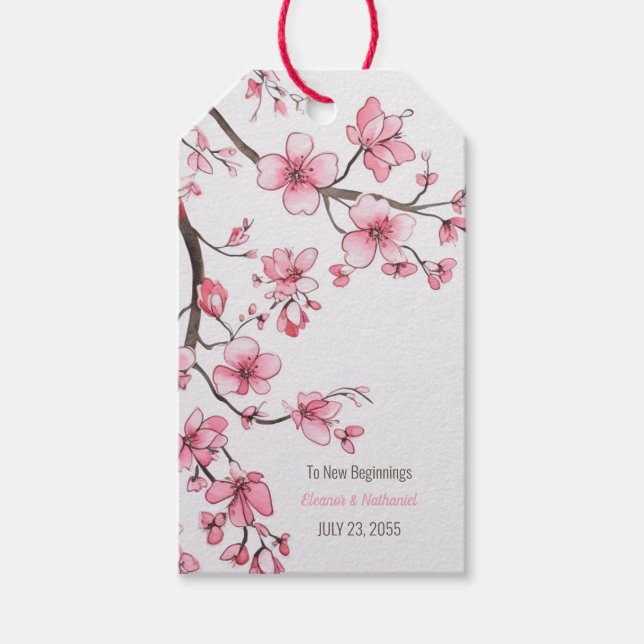 Étiquettes-cadeau Aquarelle rose cerisier Mariage floral (Devant)