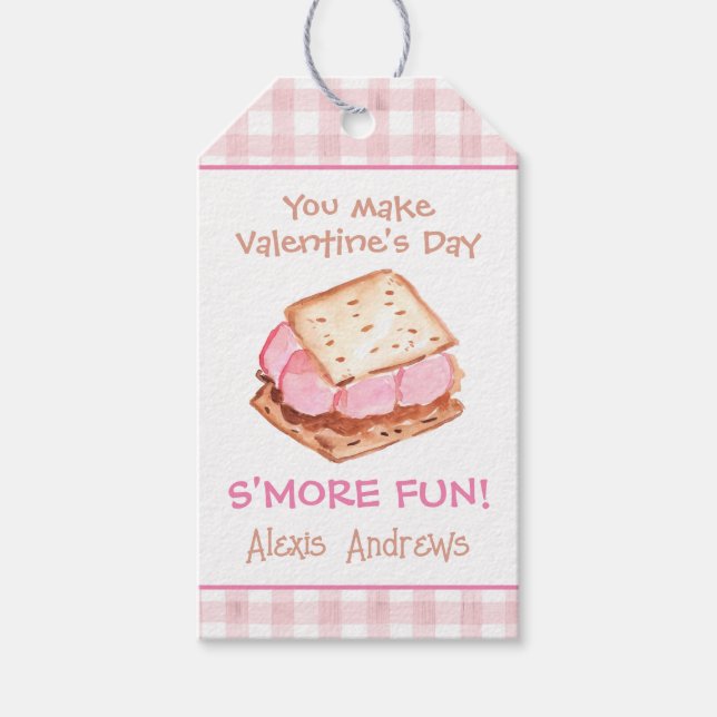 Étiquettes-cadeau Aquarelle rose En vichy S'mores Saint-Valentin (Devant)