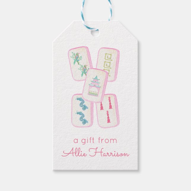 Étiquettes-cadeau Aquarelle rose et vert Mahjong Carreaux Personnali (Devant)