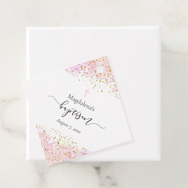 Étiquettes Cadeau aquarelle rose | faux or détails Baptême (En situation)