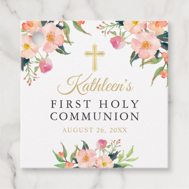 Étiquettes Cadeau Aquarelle rose Fille Florale Première Sainte Commu (Devant)